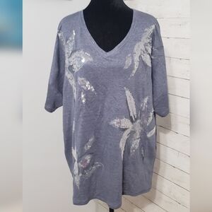 NWT Chico's 3 Gray Blue Sequin Floral Short Sleeve Top 100% Linen